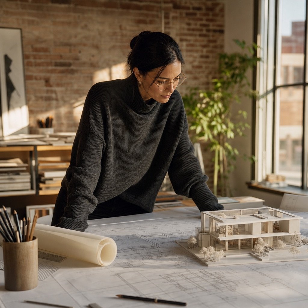 Feed art: an architect over a project table, with brand copy over the photo.
